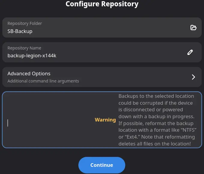 Pika Backup configure repository