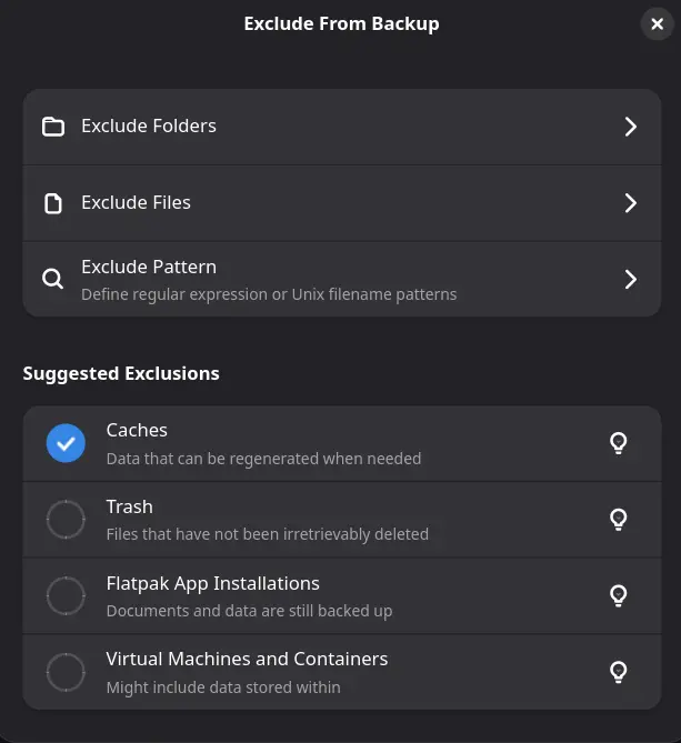 Pika Backup exclusion dialog