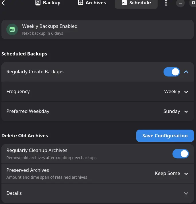 Pika Backup schedule tab